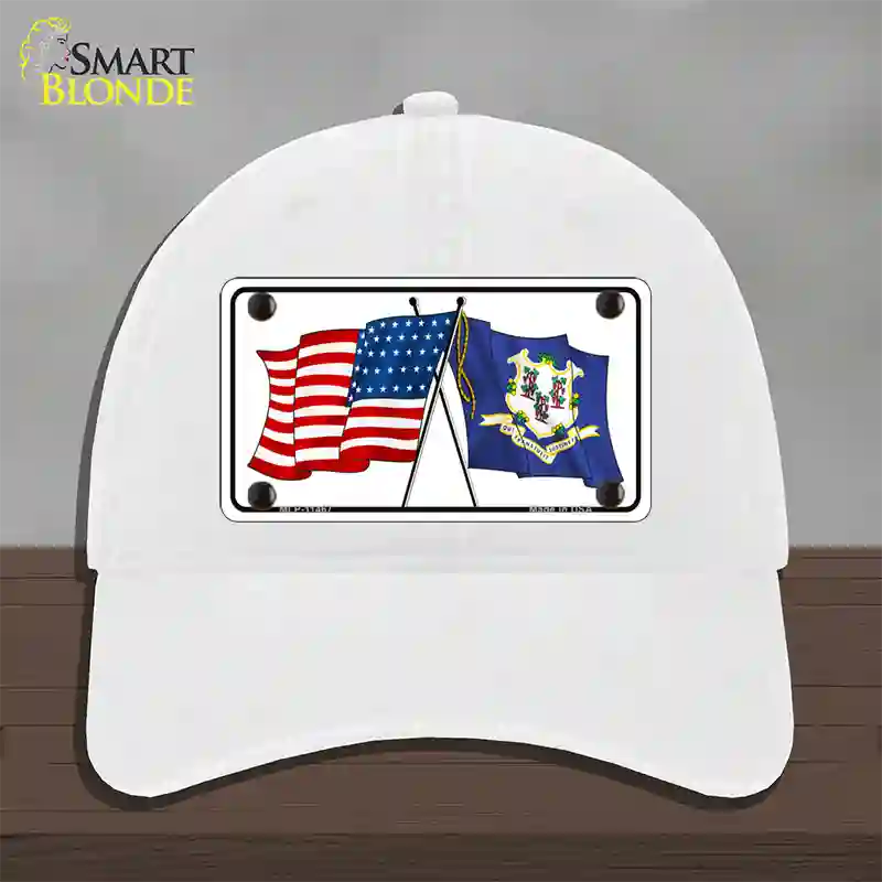 Connecticut Crossed US Flag Novelty License Plate Hat Unconstructed Cotton / White