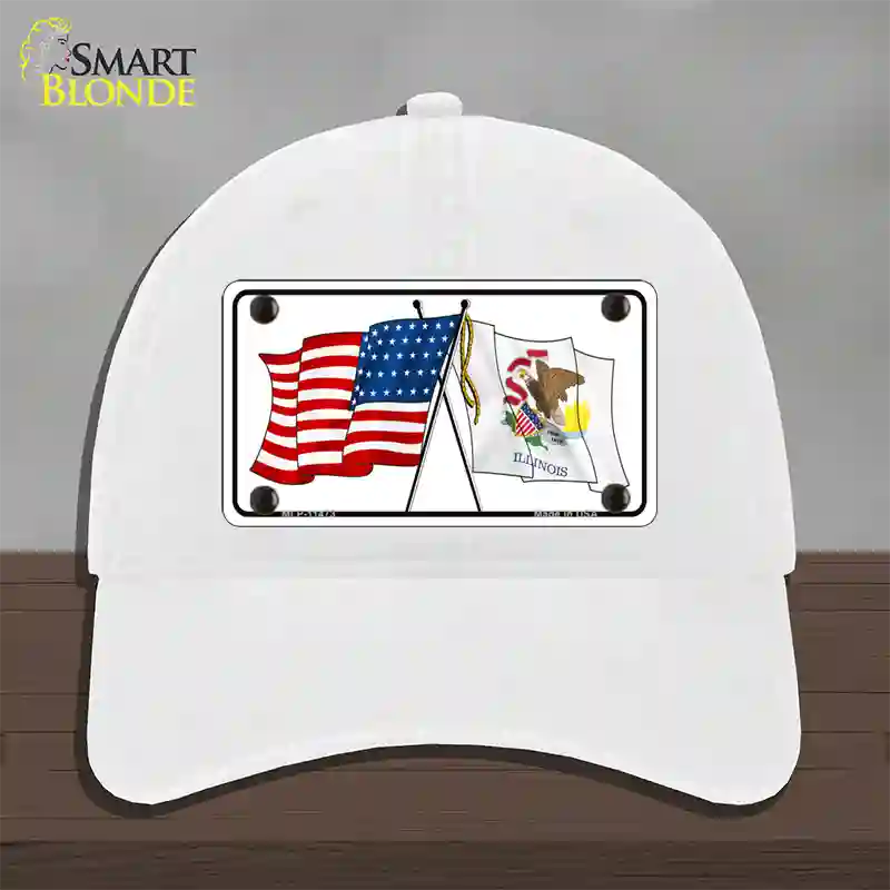 Illinois Crossed US Flag Novelty License Plate Hat Unconstructed Cotton / White