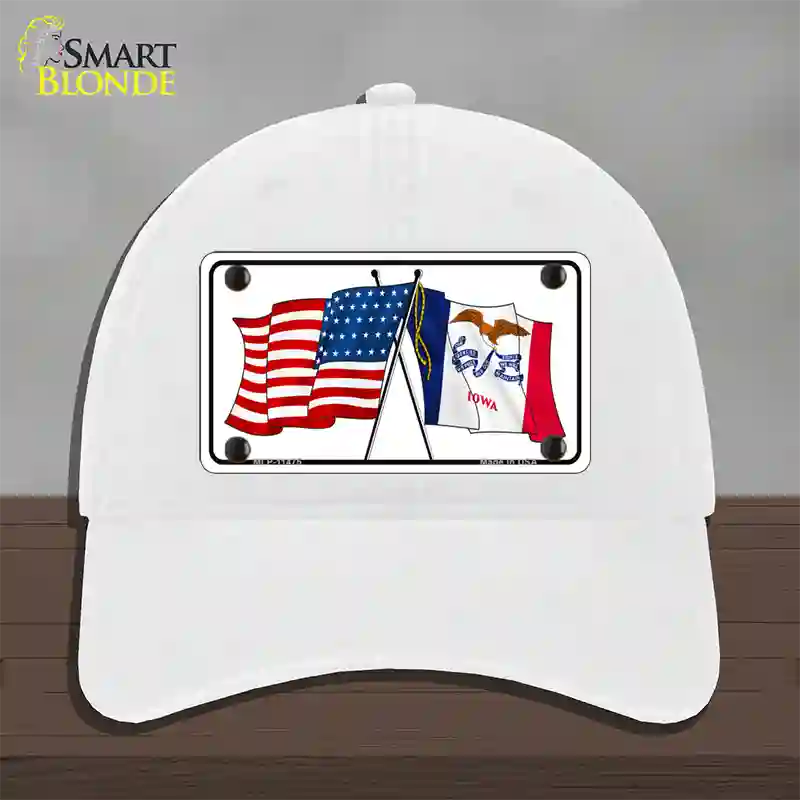 Iowa Crossed US Flag Novelty License Plate Hat Unconstructed Cotton / White