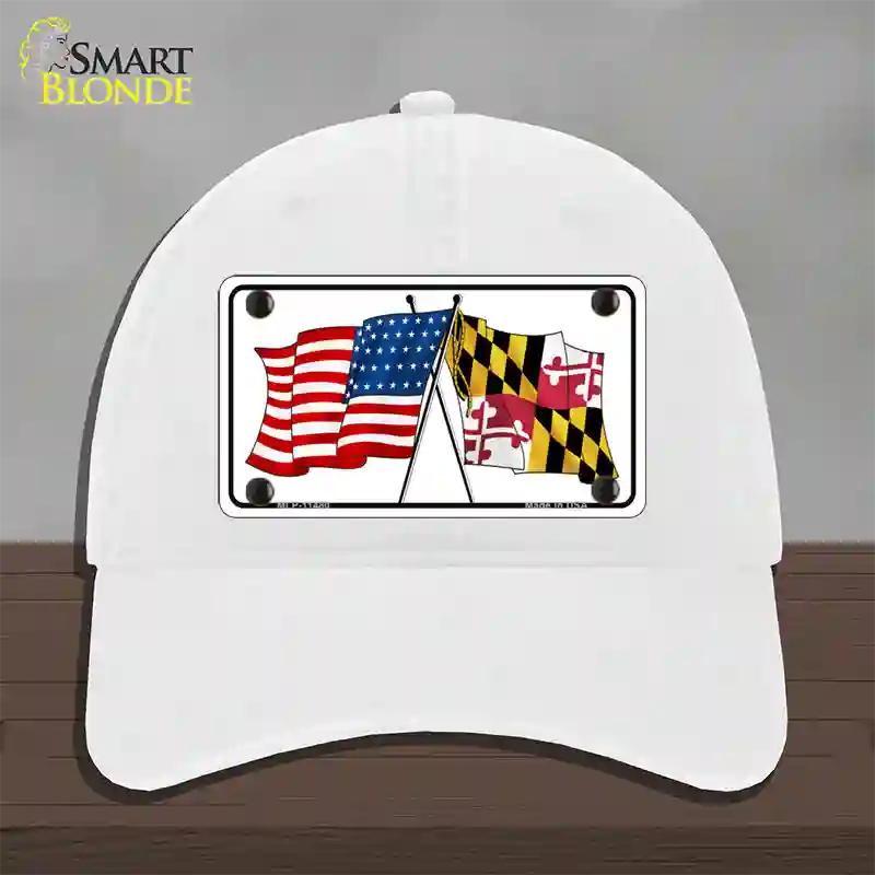 Maryland Crossed US Flag Novelty License Plate Hat Unconstructed Cotton / White