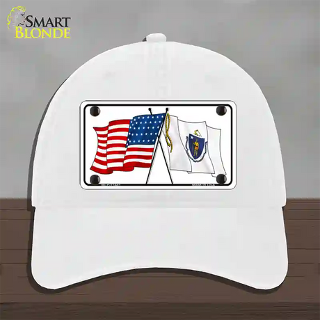 Massachusetts Crossed US Flag Novelty License Plate Hat Unconstructed Cotton / White