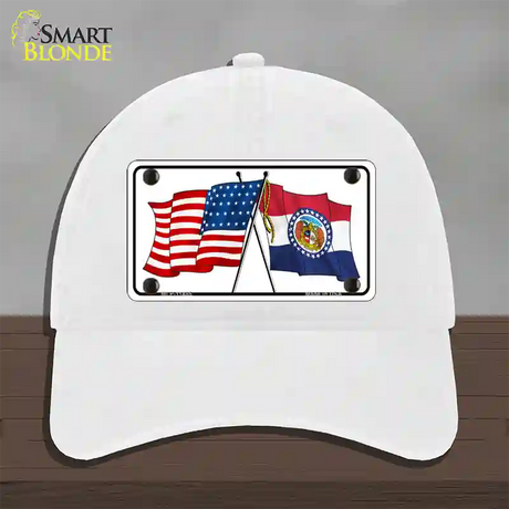 Missouri Crossed US Flag Novelty License Plate Hat Unconstructed Cotton / White