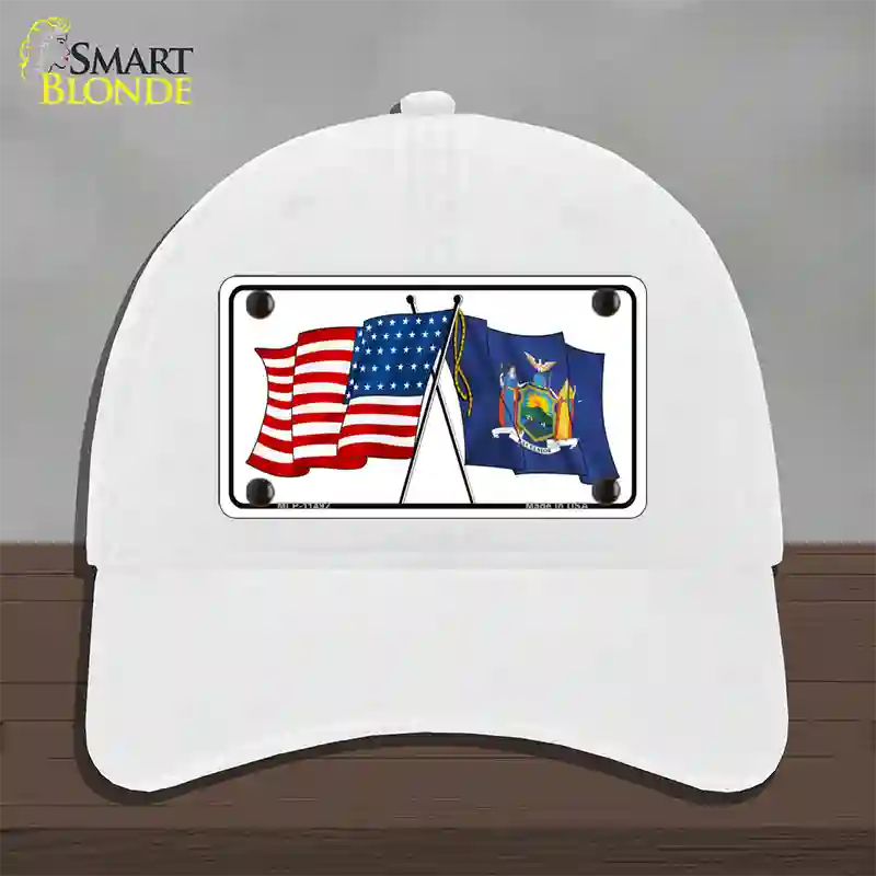 New York Crossed US Flag Novelty License Plate Hat Unconstructed Cotton / White