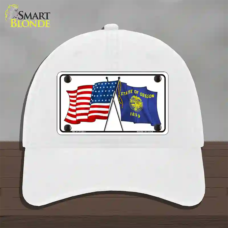 Oregon Crossed US Flag Novelty License Plate Hat Unconstructed Cotton / White