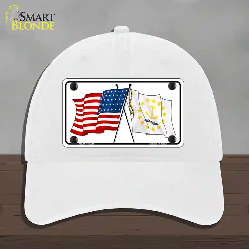 Rhode Island Crossed US Flag Novelty License Plate Hat Unconstructed Cotton / White