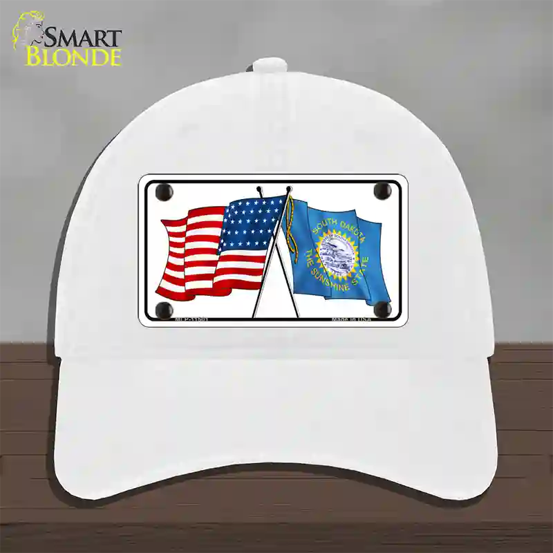 South Dakota Crossed US Flag Novelty License Plate Hat Unconstructed Cotton / White