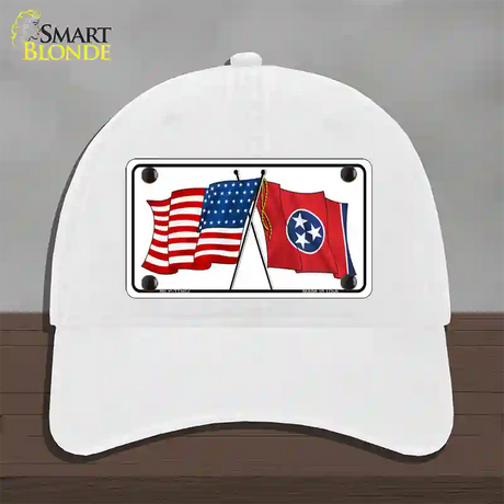 Tennessee Crossed US Flag Novelty License Plate Hat Unconstructed Cotton / White