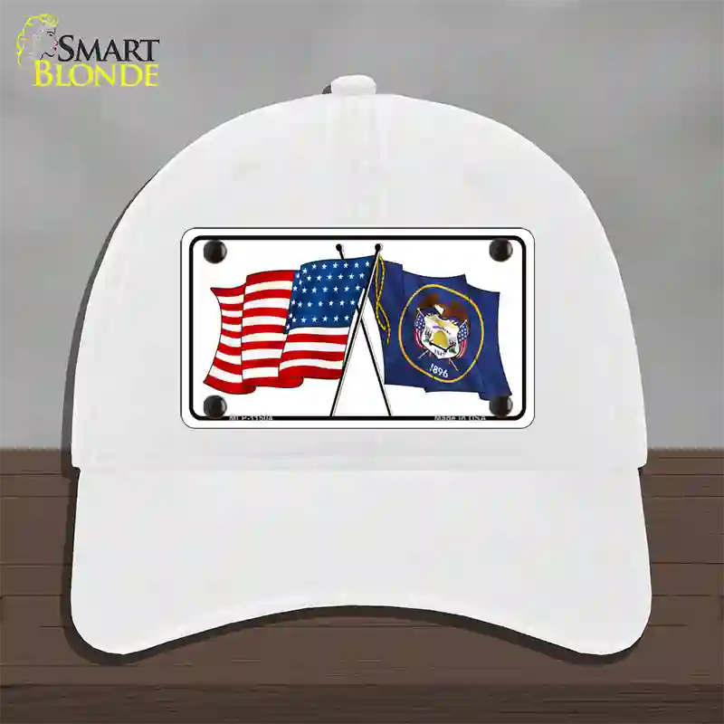 Utah Crossed US Flag Novelty License Plate Hat Unconstructed Cotton / White