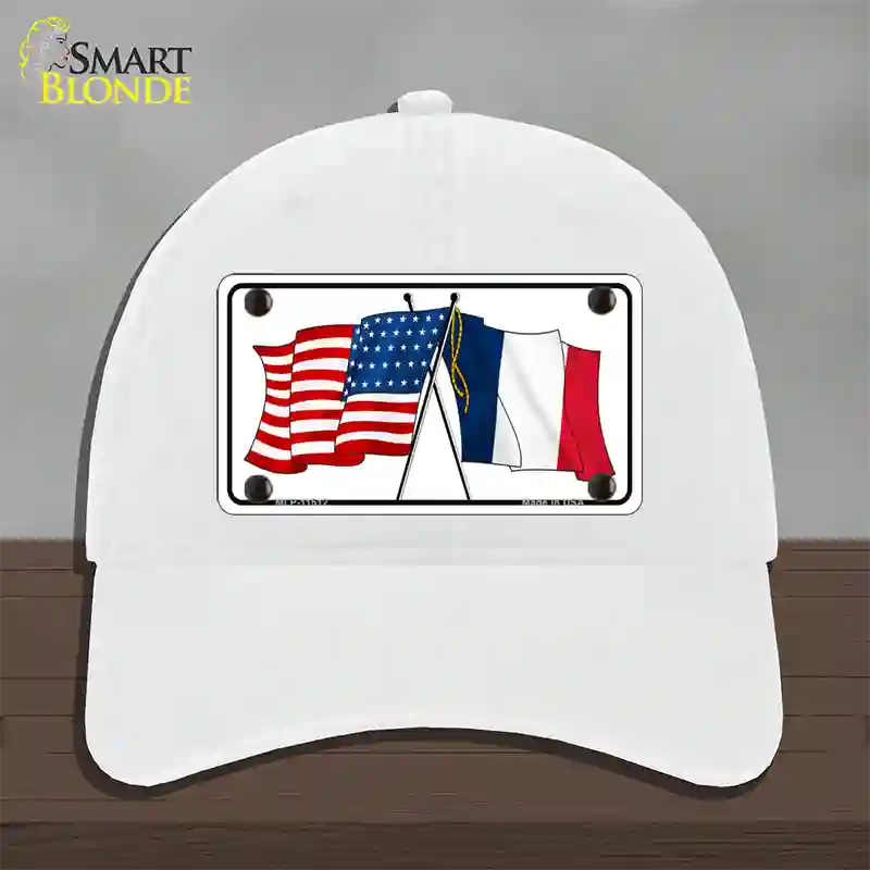 France Crossed US Flag Novelty License Plate Hat Unconstructed Cotton / White