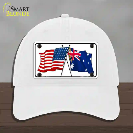 Australia Crossed US Flag Novelty License Plate Hat Unconstructed Cotton / White