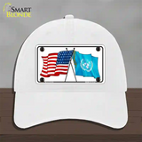 United Nation Crossed US Flag Novelty License Plate Hat Unconstructed Cotton / White