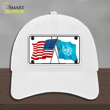 United Nation Crossed US Flag Novelty License Plate Hat Unconstructed Cotton / White