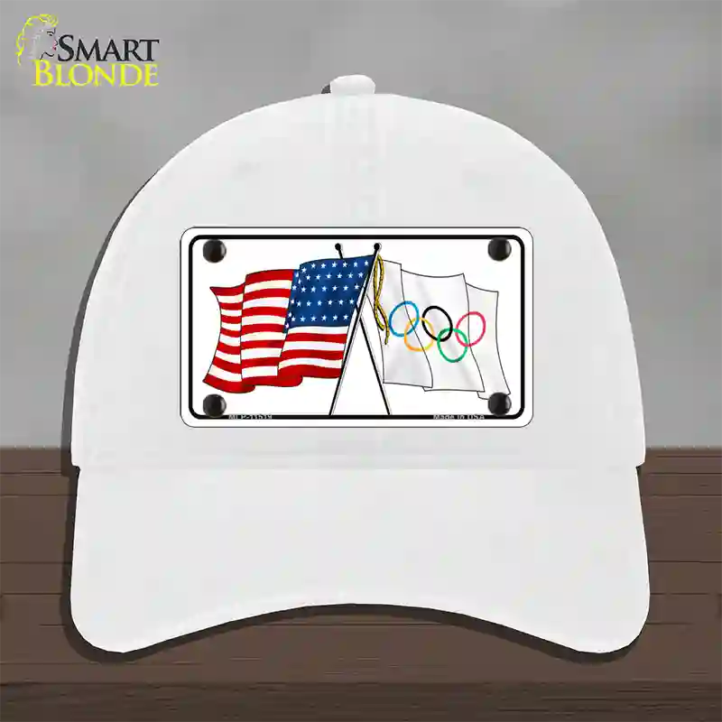 Olympic Crossed US Flag Novelty License Plate Hat Unconstructed Cotton / White