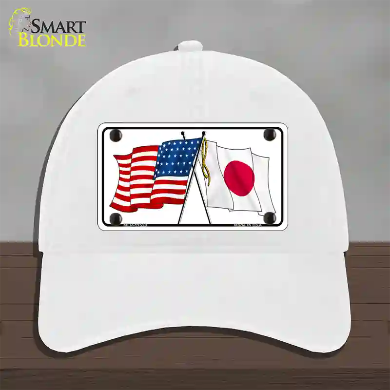 Japan Crossed US Flag Novelty License Plate Hat Unconstructed Cotton / White