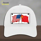 China Crossed US Flag Novelty License Plate Hat Unconstructed Cotton / White