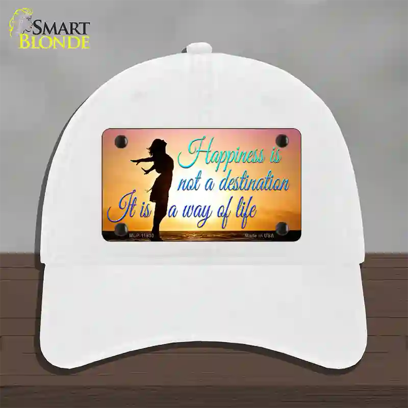 Happiness Way Of Life Sunset Novelty License Plate Hat Unconstructed Cotton / White