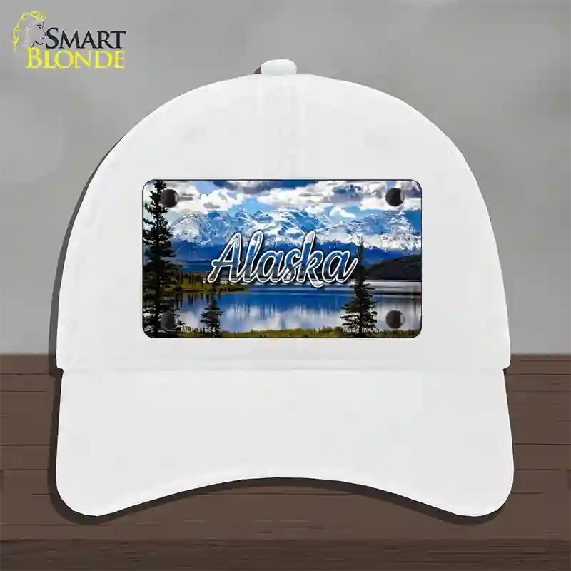 Alaska Snowy Mountains State Novelty License Plate Hat Unconstructed Cotton / White