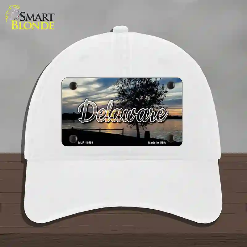 Delaware River Sunset State Novelty License Plate Hat Unconstructed Cotton / White