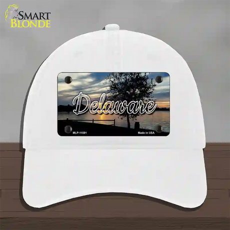 Delaware River Sunset State Novelty License Plate Hat Unconstructed Cotton / White