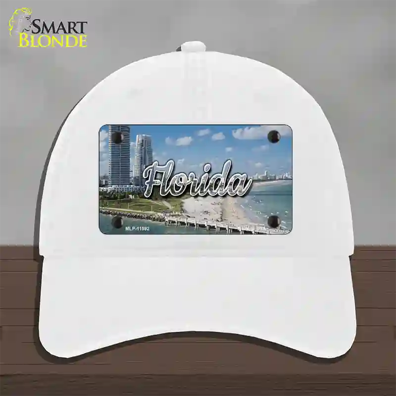 Florida White Sand Beach State Novelty License Plate Hat Unconstructed Cotton / White