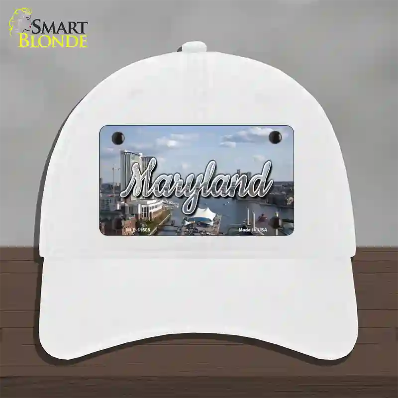 Maryland River Skyline State Novelty License Plate Hat Unconstructed Cotton / White