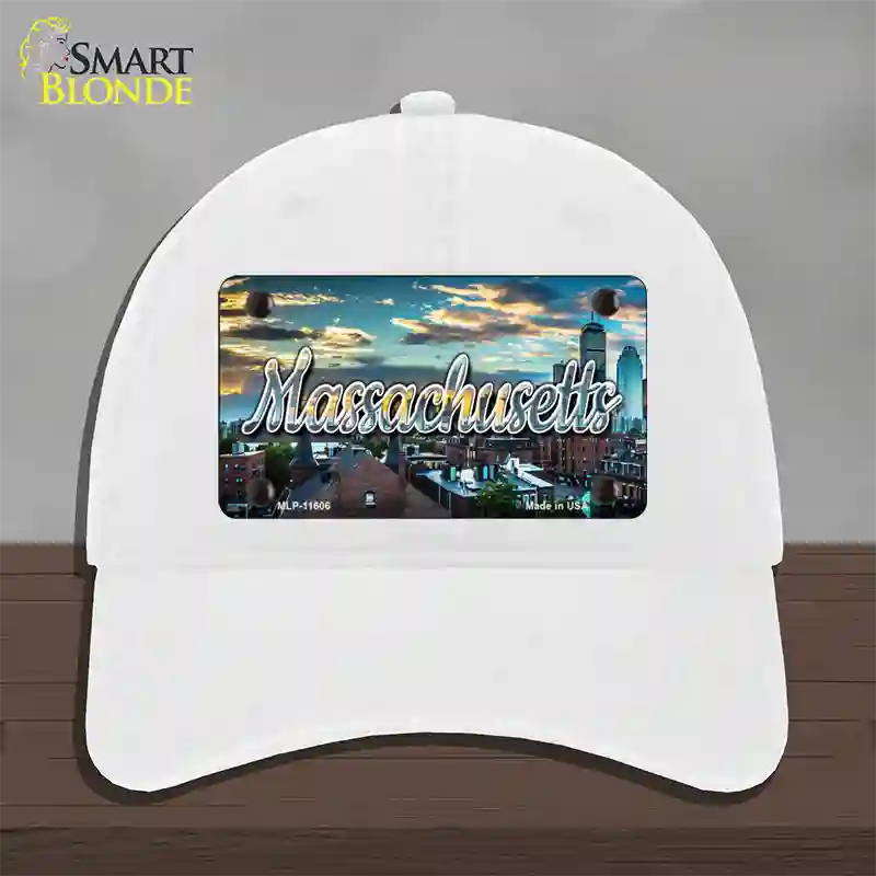 Massachusetts Sunset Skyline State Novelty License Plate Hat Unconstructed Cotton / White