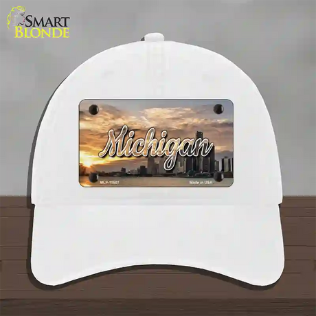 Michigan City Sunset State Novelty License Plate Hat Unconstructed Cotton / White