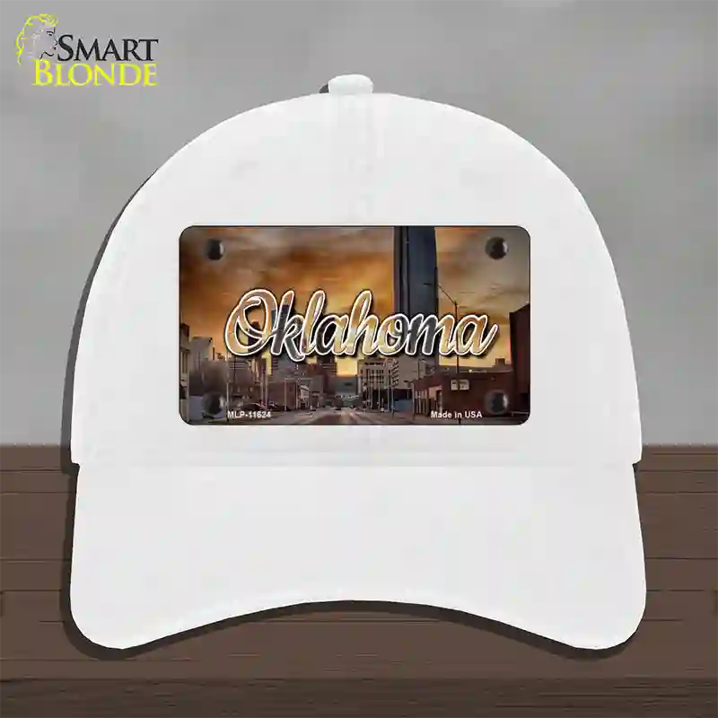 Oklahoma Sunset Skyline State Novelty License Plate Hat Unconstructed Cotton / White