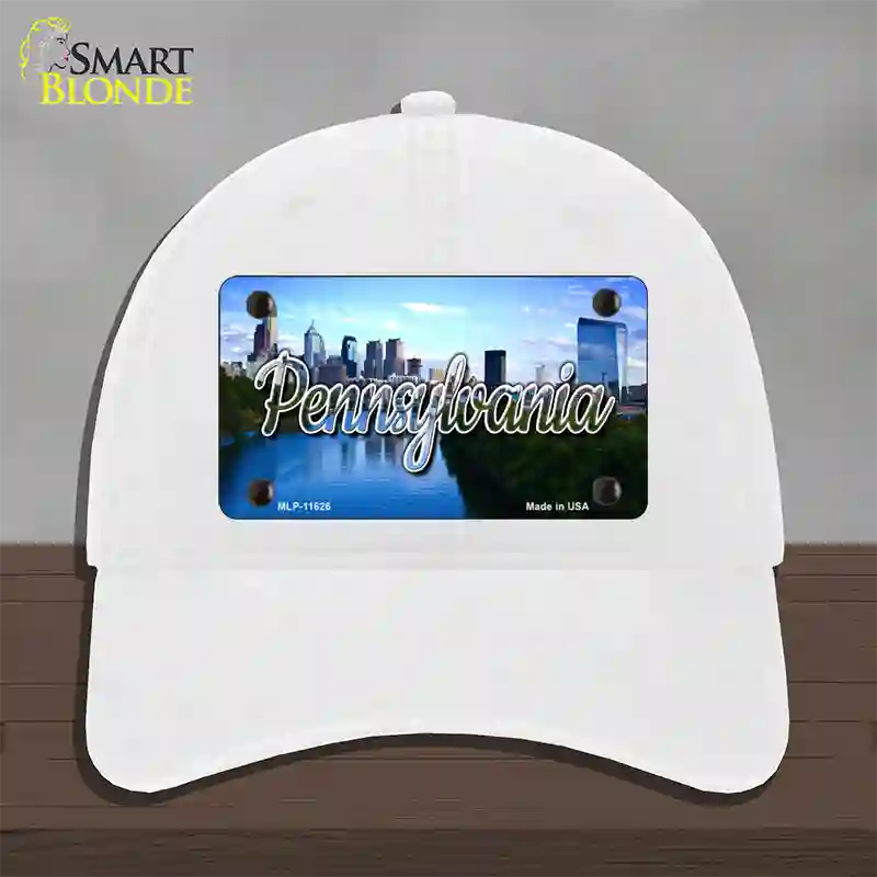 Pennsylvania Delaware City Skyline State Novelty License Plate Hat Unconstructed Cotton / White