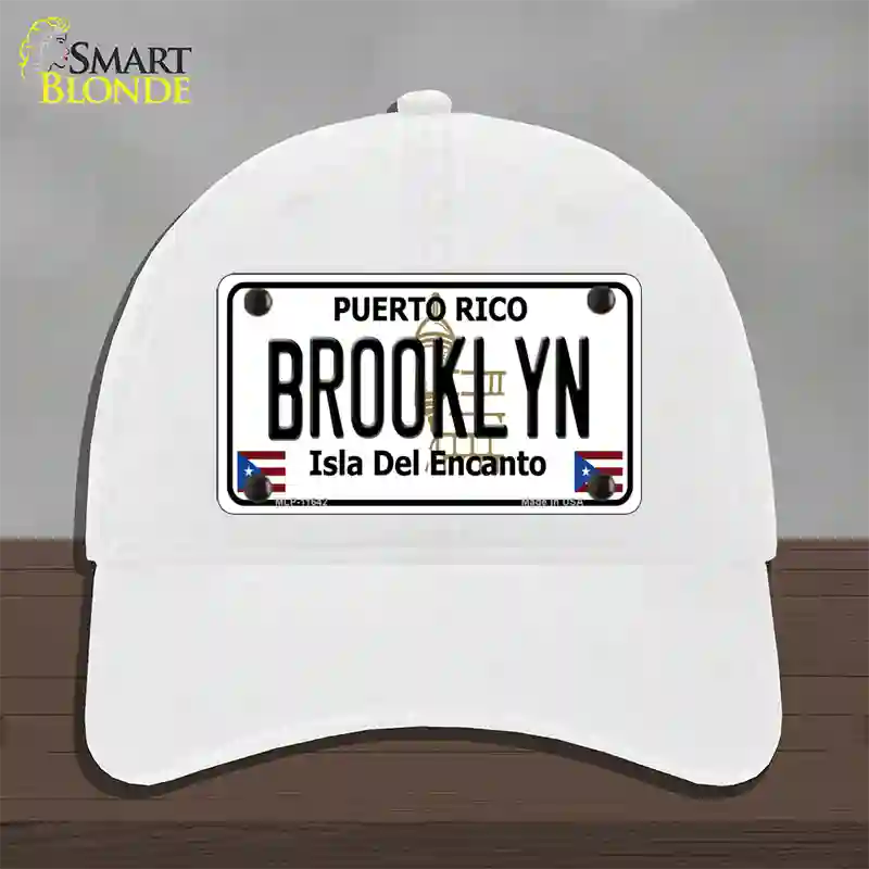 Brooklyn Puerto Rico Novelty License Plate Hat Unconstructed Cotton / White