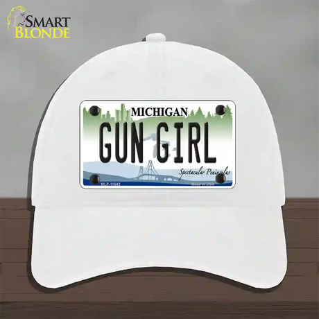 Gun Girl Michigan Novelty License Plate Hat Unconstructed Cotton / White