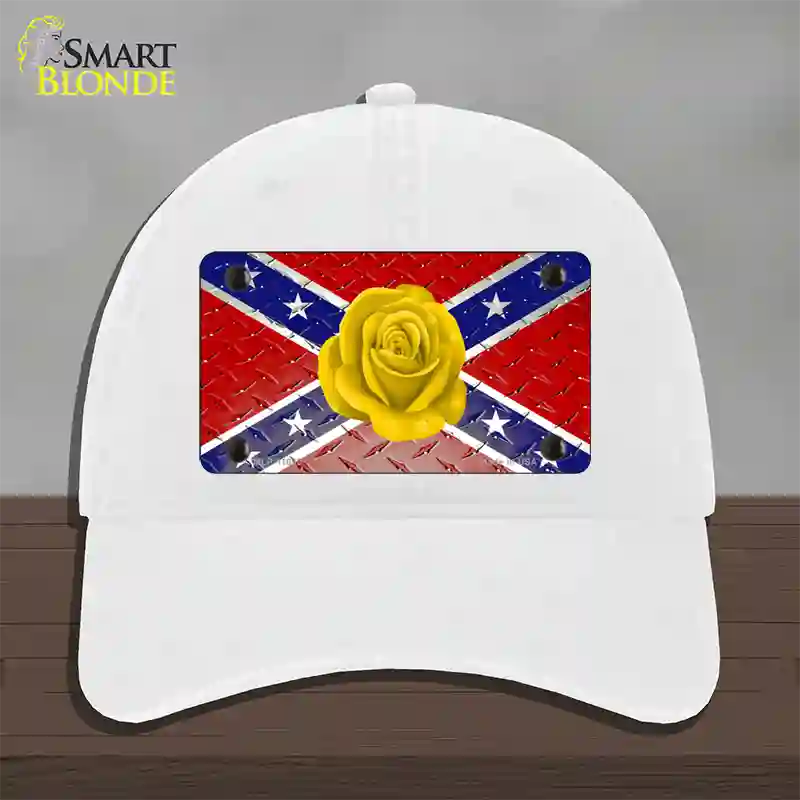 Confederate Flag With Yellow Rose Novelty License Plate Hat Unconstructed Cotton / White