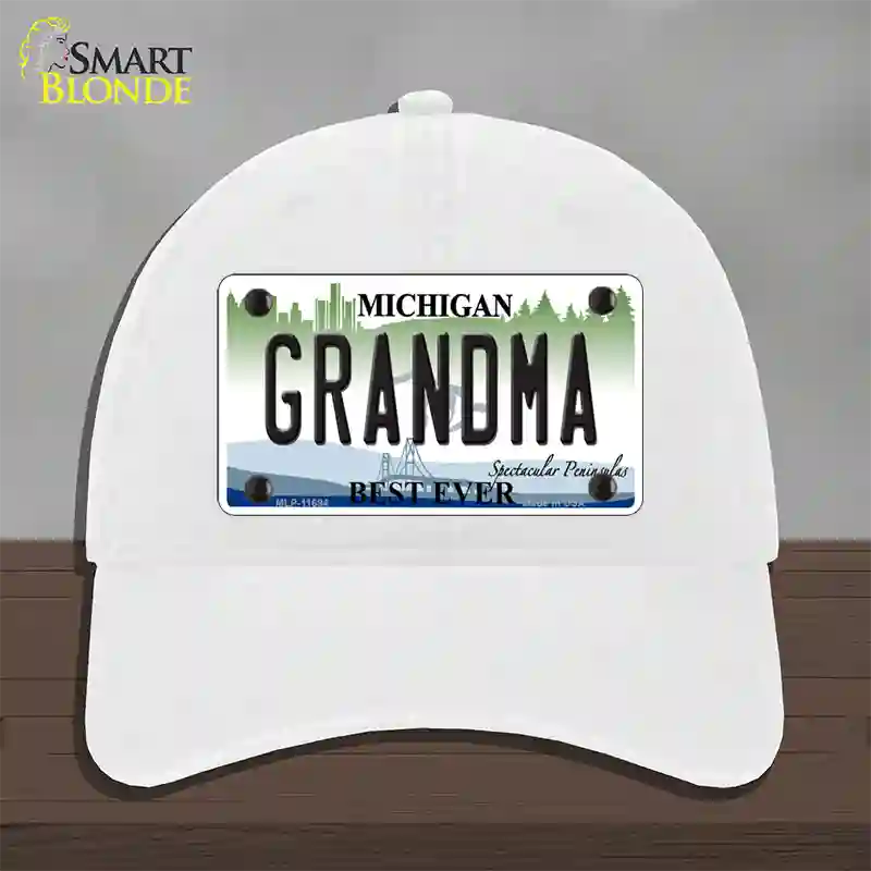 Grandma Michigan Novelty License Plate Hat Unconstructed Cotton / White