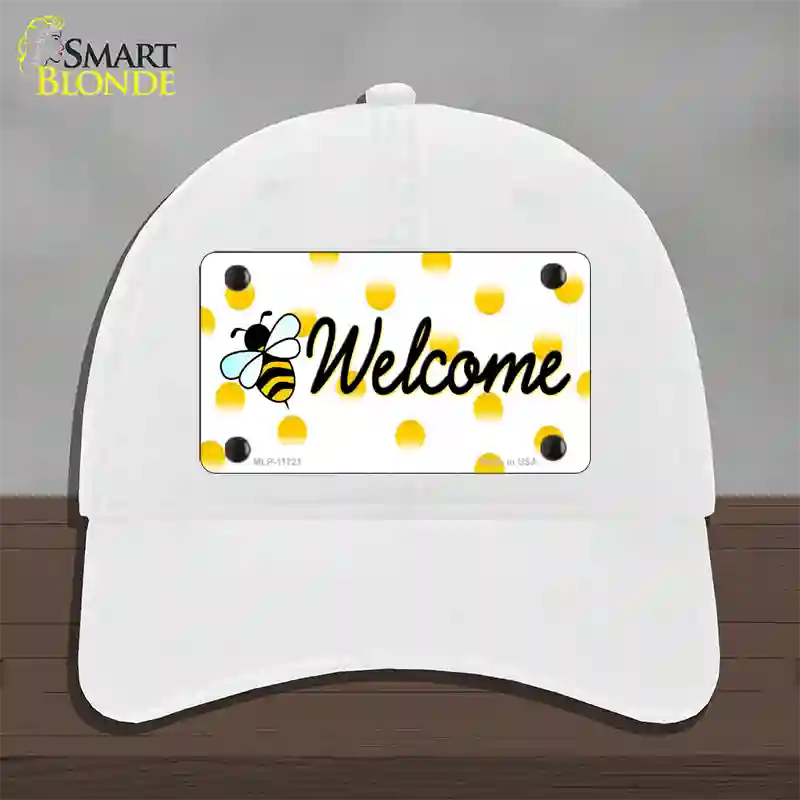 Welcome Bee Novelty License Plate Hat Unconstructed Cotton / White