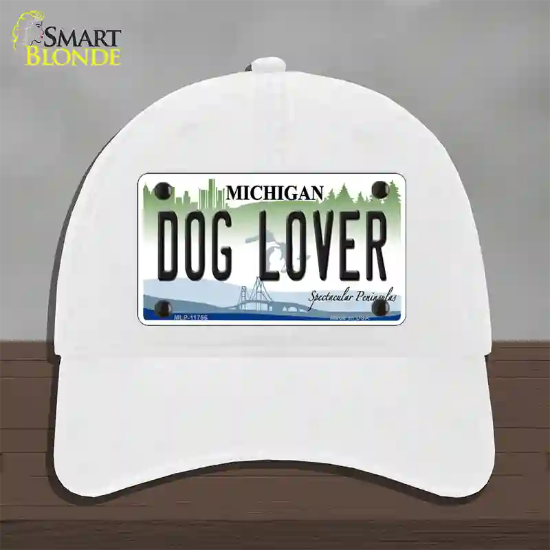 Michigan Dog Lover Novelty License Plate Hat Unconstructed Cotton / White