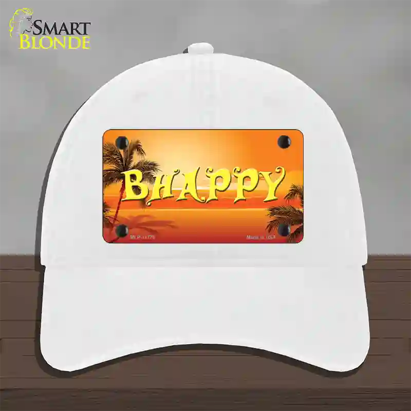 Be Happy Beach Scene Novelty License Plate Hat Unconstructed Cotton / White