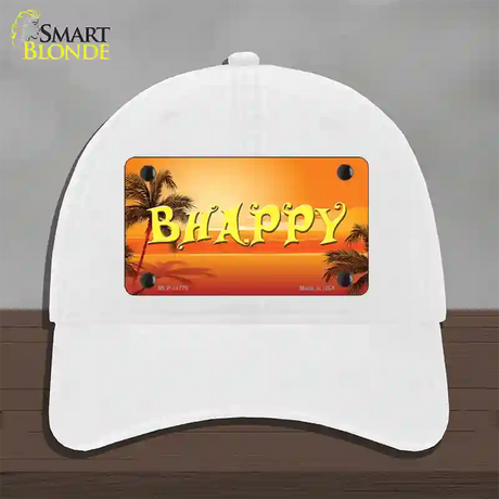 Be Happy Beach Scene Novelty License Plate Hat Unconstructed Cotton / White