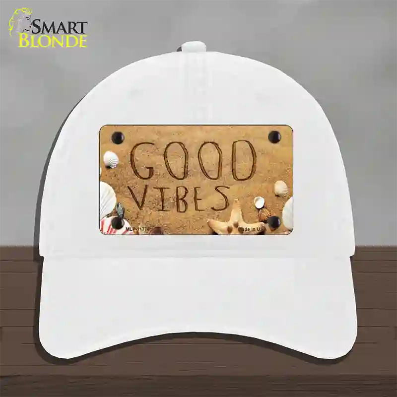 Good Vibes in the Sand Novelty License Plate Hat Unconstructed Cotton / White