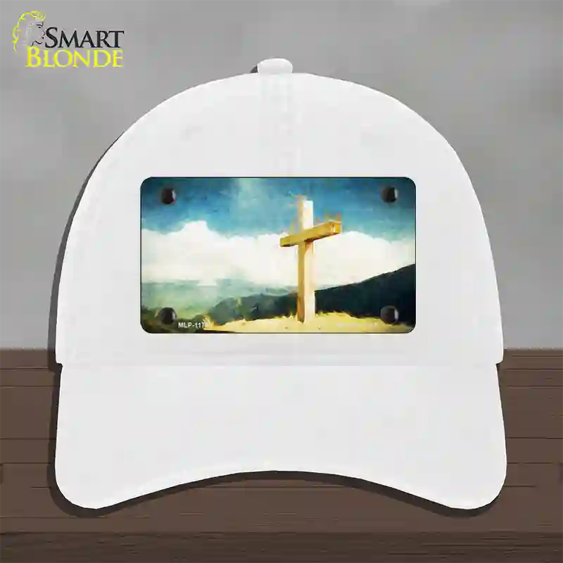 Lone Cross in the Sky Novelty License Plate Hat Unconstructed Cotton / White