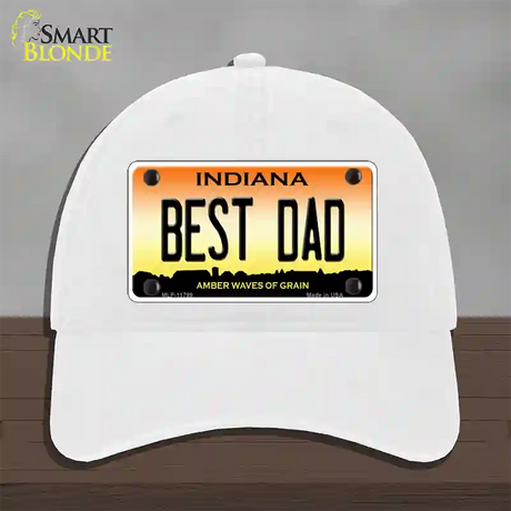 Best Dad Indiana Novelty License Plate Hat Unconstructed Cotton / White