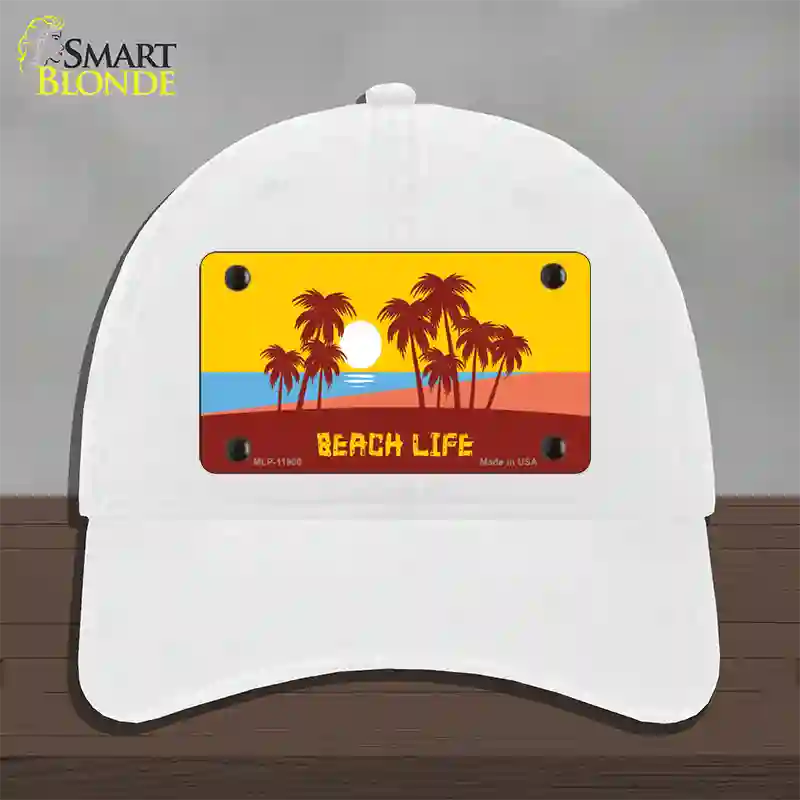 Beach Life Novelty License Plate Hat Unconstructed Cotton / White