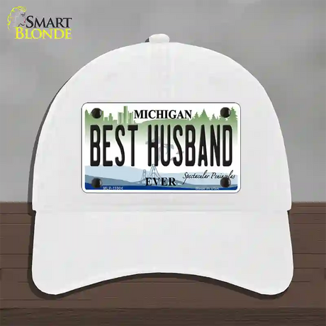 Michigan Best Husband Novelty License Plate Hat Unconstructed Cotton / White