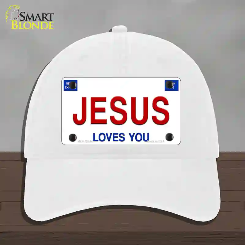 Jesus Loves You Novelty License Plate Hat Unconstructed Cotton / White