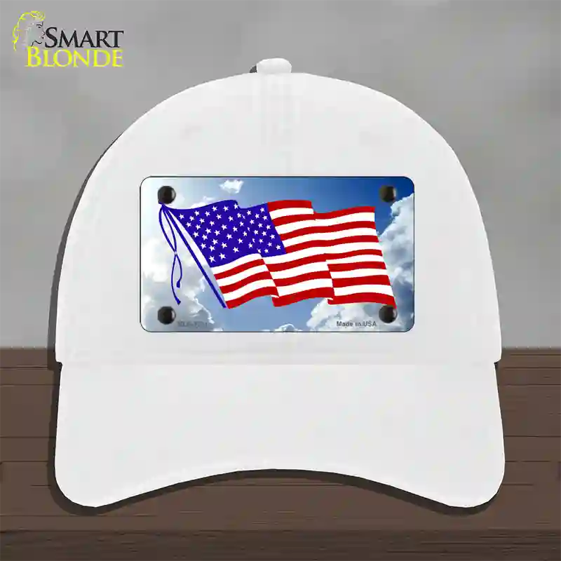 American Flag Cloud Novelty License Plate Hat Unconstructed Cotton / White