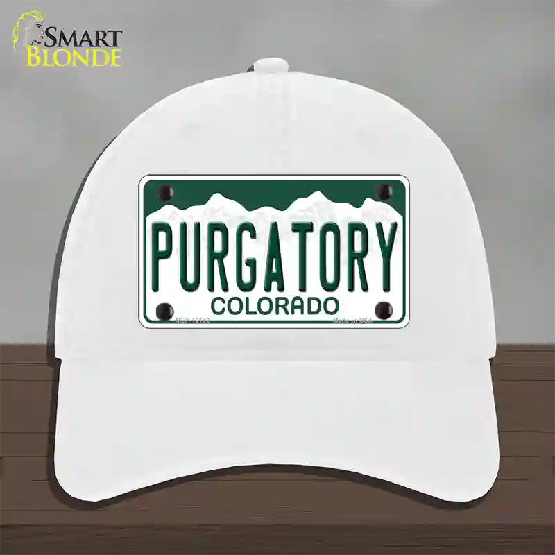 Purgatory Colorado Novelty License Plate Hat Unconstructed Cotton / White