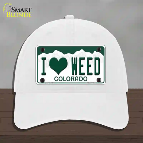 I Love Weed Colorado Novelty License Plate Hat Unconstructed Cotton / White