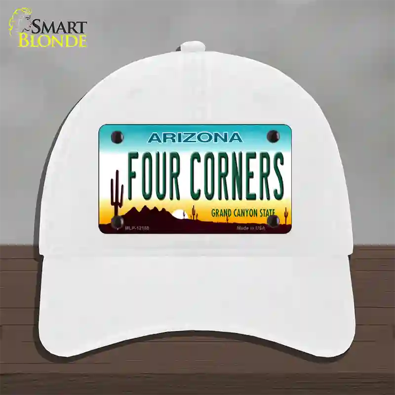 Four Corners Arizona Novelty License Plate Hat Unconstructed Cotton / White