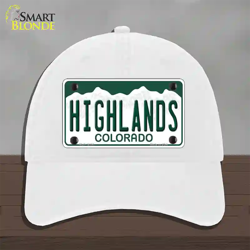 Highlands Colorado Novelty License Plate Hat Unconstructed Cotton / White