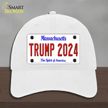 Trump 2024 Massachusetts Novelty License Plate Hat Unconstructed Cotton / White