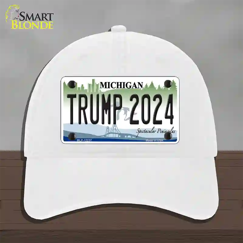 Trump 2024 Michigan Novelty License Plate Hat Unconstructed Cotton / White